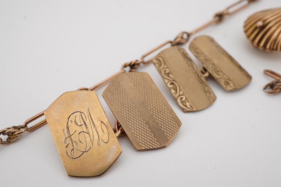Two pairs of 9ct gold cufflinks, a 9c bracelet(a.f.) and a yellow metal shell charm, gross 15.6 grams. Condition - poor to fair